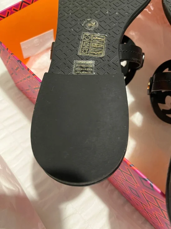 Tory Burch Miller Black Leather Logo Thong Sandals - Picture 7 of 11